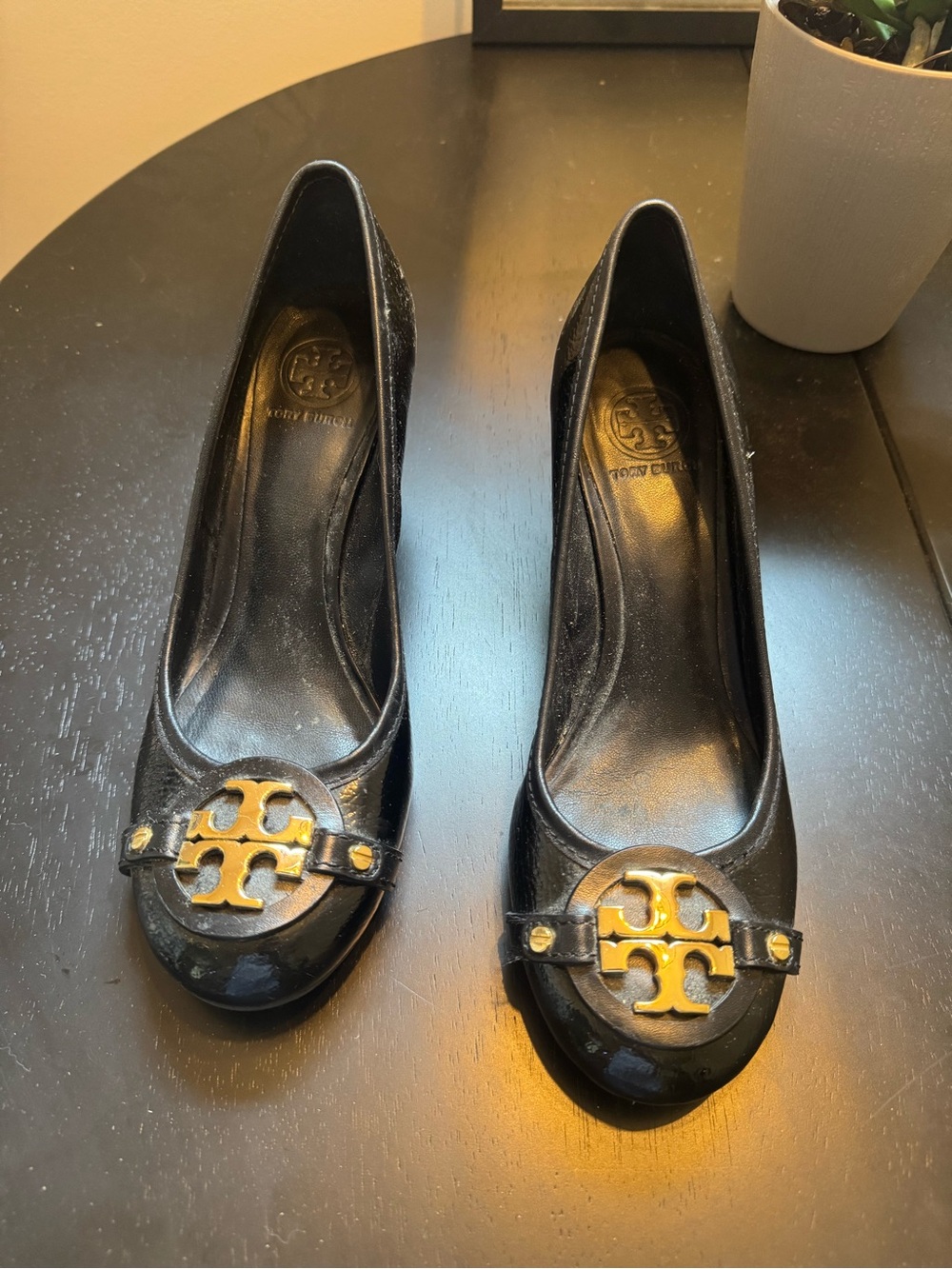 Tory Burch Black Patent Leather Ballet Block Heels with Gold Logo Emblem